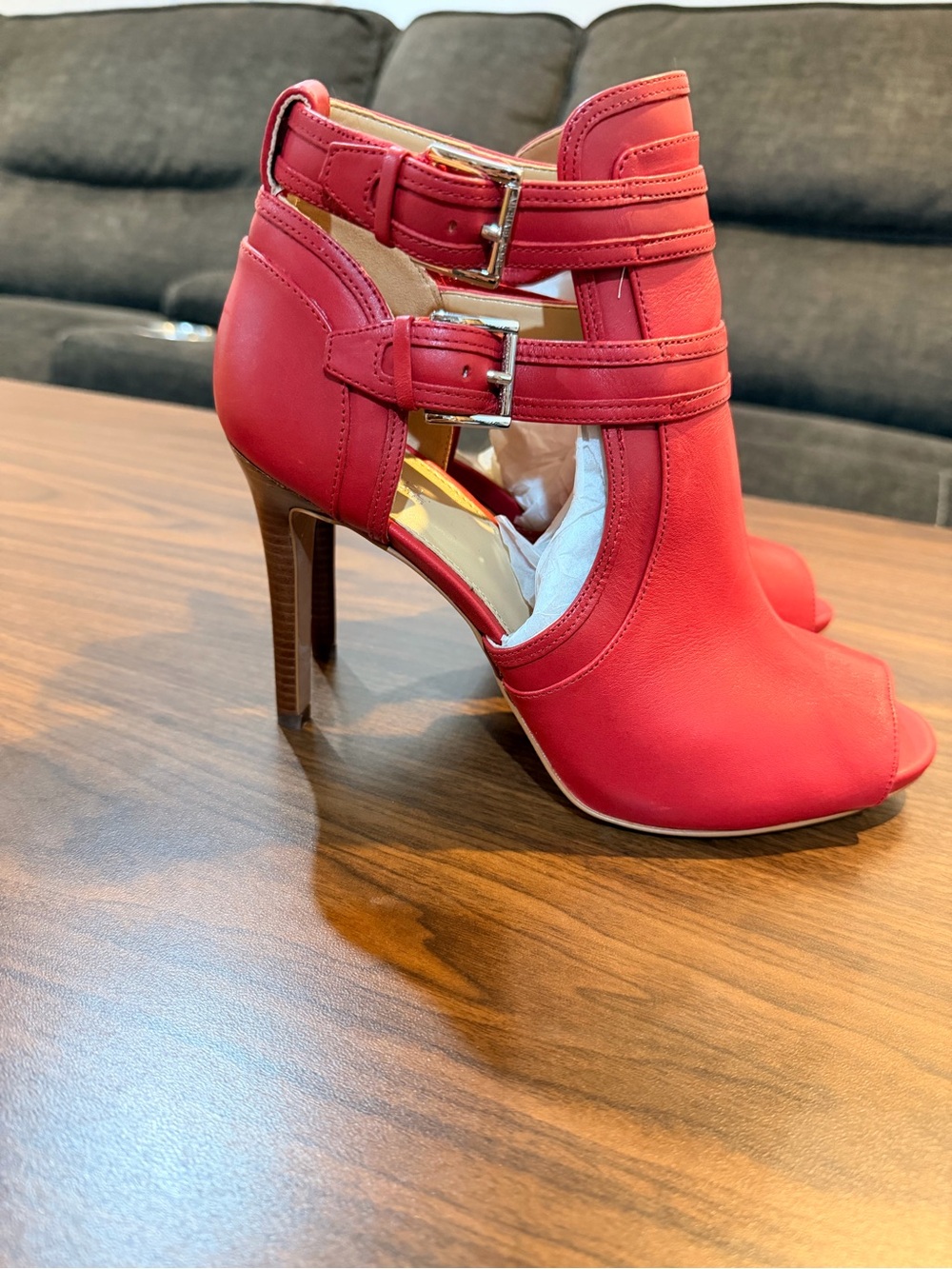 MICHAEL Michael Kors Scarlet Blaze Open Toe Bootie Leather Stripy High Heels